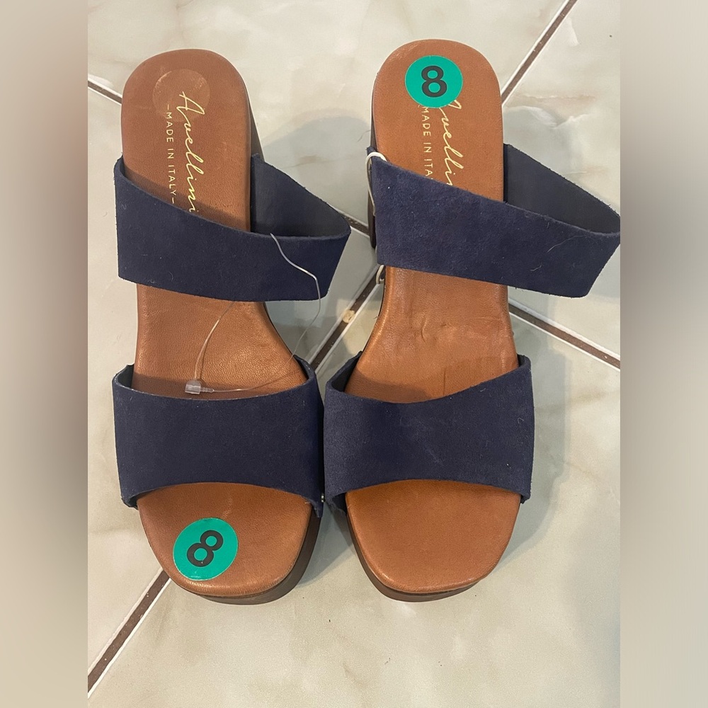 Avellini Suede Leather Blue Clog Strappy Block Heel Mule Sandal - Size 8